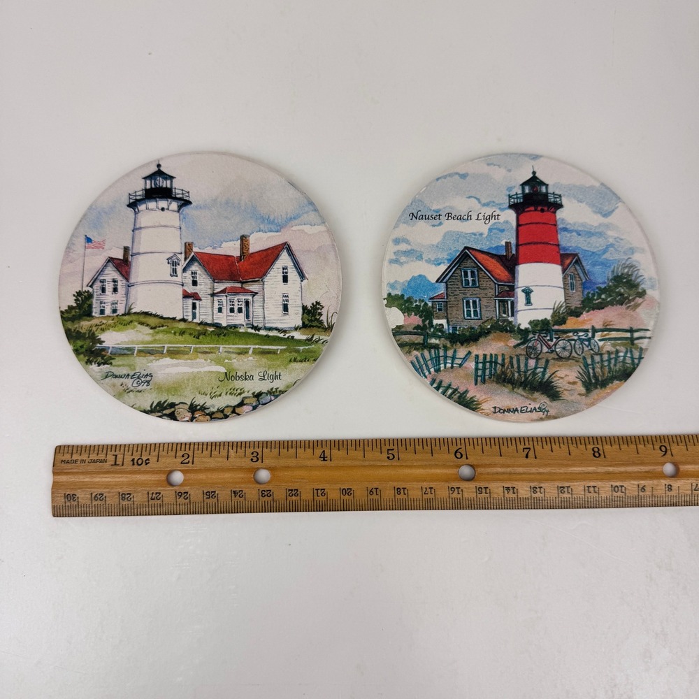 Donna Elias Art Nauset Beach Nobska Light House Round Coaster Stone Beach Theme